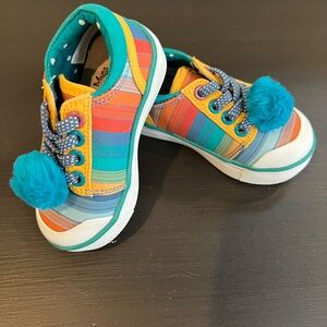 Matilda Jane size 4, Colorful Striped Kids Shoes with Pom Poms